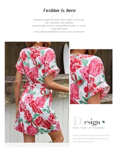 Detail view of floral summer dress cuffs and back design with pink flower prints