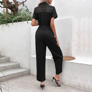 Short sleeve black romper with lace back panel and turn-down collar slim fit