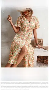 Detailed view of the V-neck design and orange floral print on a summer A-line dress