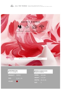 Detail of red floral dress fabric showing breathable texture and size chart for S-XL