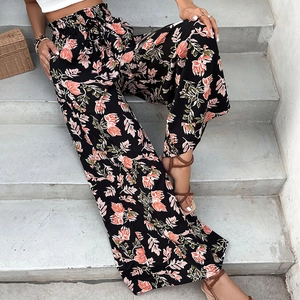 Women's Casual Boho Floral Print Wide Leg Pants Elastic High Waist Drawstring Loose Summer Beach Trousers Vacation Bottoms