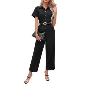 Women's black short sleeve jumpsuit with lapel collar, lace patch and belted waist