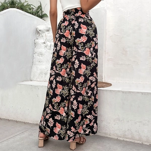 Women's summer high-waisted wide-leg pants with pink floral print on black background