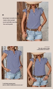 Detailed close-up of summer V-neck striped shirt with ruffle sleeves and airy fabric texture