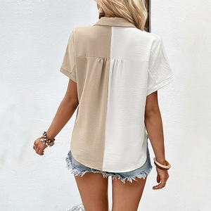 Women's summer short sleeve shirt with color-block contrast and elegant lapel design