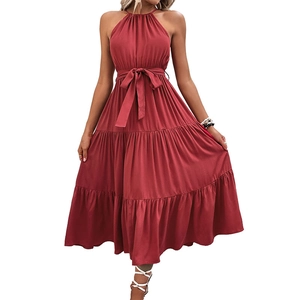Brick red sleeveless halter neck tiered dress with waist tie for summer casual style