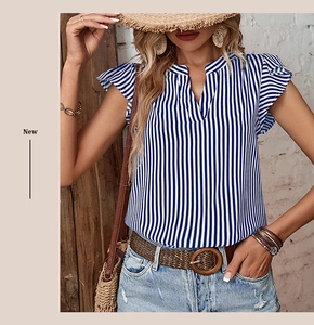 Close-up of blue and white vertical striped V-neck sleeveless top with ruffle sleeves