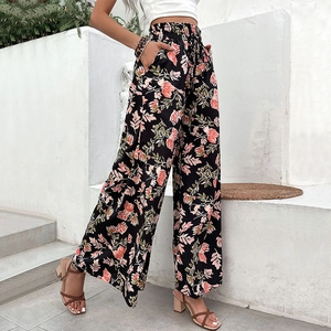 Women's high-waisted wide-leg floral pants with elastic drawstring waist in black and pink