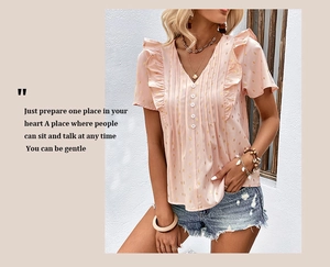 Detail of pink chiffon blouse with gold foil diamond print and ruffle sleeve accents