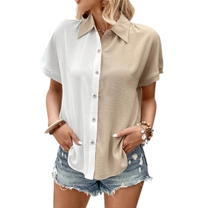 Women's summer short sleeve shirt with contrast color blocking and classic lapel collar