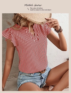 Detail of red vertical striped V-neck top with ruffle sleeves for casual summer wear