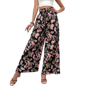 Women's summer floral wide leg trousers with high elastic waist and drawstring detail