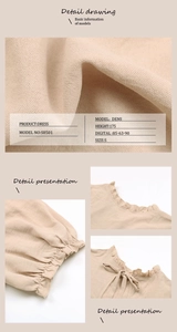 Detail of ruffle neckline with tie-up bow and elastic smocked cuffs on beige dress