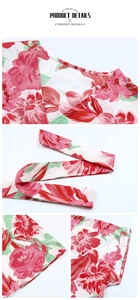 Detail view of the V-neckline and floral print fabric on the lightweight summer dress