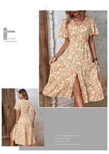 Detail of floral V-neck dress with side slit, ruffle sleeves, and button accents