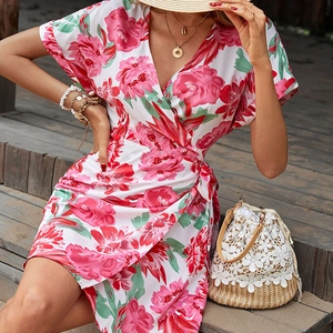 French Floral V Neck Wrap Midi Dress For Women Short Sleeve High Waist Slim Fit Summer Vacation Beach Dress