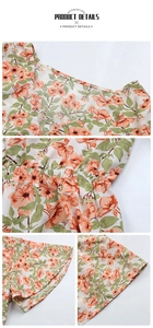 Detail view of V-neckline, elastic waist, and floral print on summer midi dress