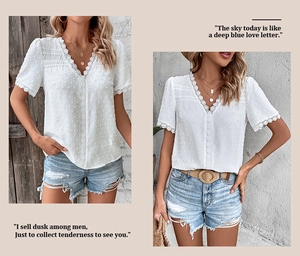 Detail of white Swiss dot chiffon blouse featuring intricate lace trim and a deep V-neckline