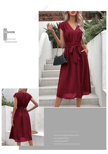 Detailed front and back views of a burgundy midi V-neck dress with adjustable waist tie