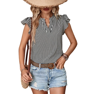 Chic women striped V-neck blouse with elegant ruffle sleeves for a summer casual look