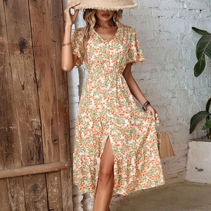 Women Retro Floral V-Neck Short Sleeve Midi Dress High Waist Split Tiered A-Line Summer Vacation Beach Dress