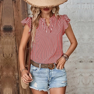 Women's summer V-neck red and white striped sleeveless top with flutter sleeves
