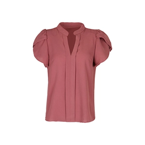 Detail of V-neck ruffled short sleeves on this elegant dusty rose chiffon blouse for women
