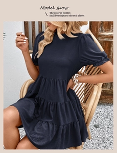 Detail showing the tiered skirt layers and ruffled sleeves of the navy blue summer dress