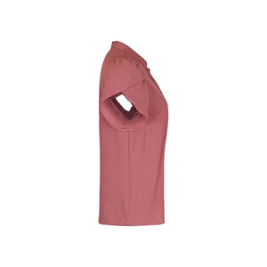 Detail view of pink short sleeve shirt featuring ruffled layers and stand-up collar