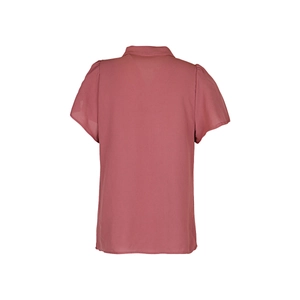 Detail view of pink chiffon V-neck blouse showing textured short sleeves and back design