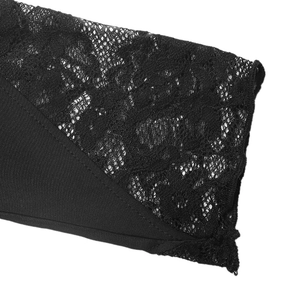 Close-up of elegant floral lace texture and stitching details on a black bodysuit sleeve