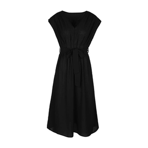 Close-up of the V-neckline and adjustable waist tie on a black sleeveless summer dress