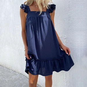 Dunkelblaues rückenfreies Sommerkleid mit Rüschenträgern und Plissee-Textur in A-Linie