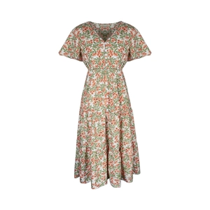 Vintage floral V-neck tiered midi dress with short sleeves and button-down front details