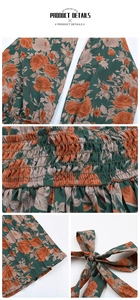 Detail of floral halter dress showing smocked waist and pleated chiffon fabric texture