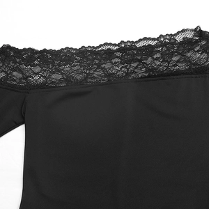 Detail shot of black lace trimming on the off-shoulder neckline of the elegant bodysuit