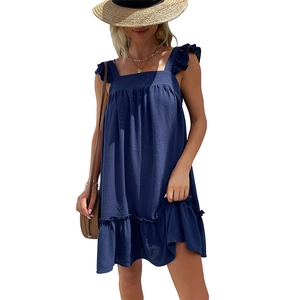 Marineblaues ärmelloses Strandkleid mit Rüschenträgern und A-Linien-Saum Silhouette