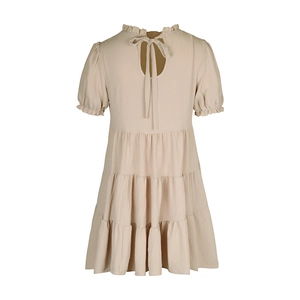 Detail of apricot ruffle sleeve dress with back tie opening and tiered cake skirt layers