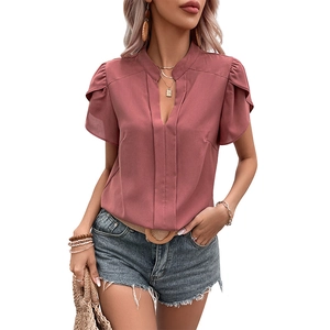 Summer V-neck chiffon short sleeve shirt with ruffled cuffs in dusty rose color