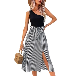 Damen Ein-Schulter-Streifenkleid mit Taillenbindung und Seitenschlitz für den Sommer