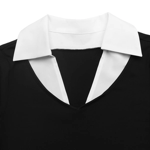 Detailed view of black and white contrast collar with high quality stitching on jumpsuit