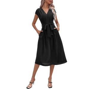 Elegant black V-neck short sleeve dress with waist tie and side pockets on white background