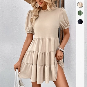 Short puff sleeve tiered summer dress in beige with ruffled neckline and layered skirt