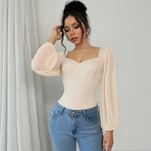 Elegant cream square neck bodysuit with mesh lantern sleeves and sweetheart bust line