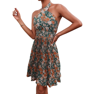 Floral halter neck dress with cutout front and pleated skirt in retro green floral print
