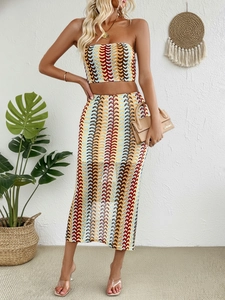 Close-up of colorful wavy knit pattern on a chic bohemian tube top and skirt set