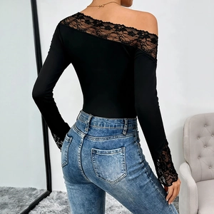 Elegant black one-shoulder lace bodysuit with floral sleeves for a slim-fit silhouette