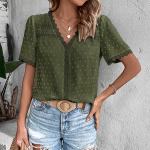 Elegant dark green V-neck shirt with Swiss dot texture and delicate lace trim accents