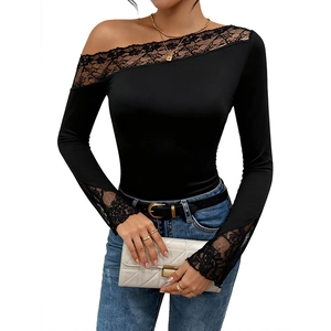Elegant black slim-fit bodysuit with one-shoulder lace splicing and long sleeves