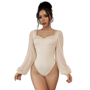 Elegant apricot long sleeve bodysuit with sheer mesh lantern sleeves and sweetheart neckline